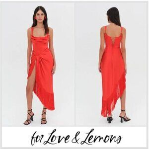 knee length dresses for ladies For Love & Lemons Anisa Asymmetrical Fringe Silk Midi Dress – Luxy Thrift main image 0